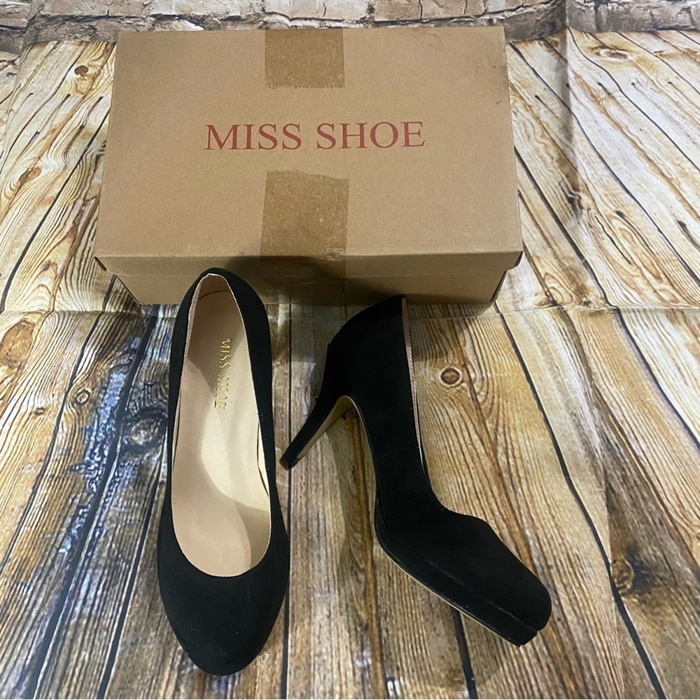 NEW Miss Shoe Black Suede Slip On 3 1/2” Stiletto Heels Size Euro 39